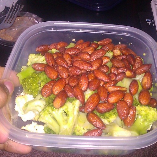 My first meal of the day. 3 scrambled eggs, 1 cup of steamed broccoli, and a quarter cup of almonds. My meal plan for the next 15 weeks is structured where I fast till 12:30 then my first meal is structured with protein, fats, and fibrous carbs. My second