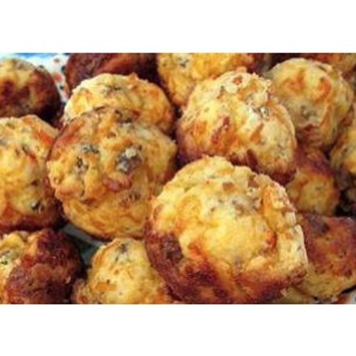 Nacho Sausage Muffins   1/2 lb breakfast sausage 1 C. chopped smoked ham 3 C. Bisquick or Carb Quick 9 for low carb plans...can be found at health food stores) 1 C. shredded cheddar cheese 1/2 tsp. onion powder 1/2 tsp. garlic powder 1/2 C. nacho cheese s