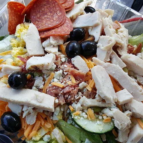 Salad bar lunch, such an easy and delicious keto option.  #lazylowcarb #keto #atkins #diet #salad #lchf #lowcarbhighfat #weightloss #pepperoni #cheese #bleucheese #chicken #eggs #bacon #lowcarb #glutenfree #yum #lunch