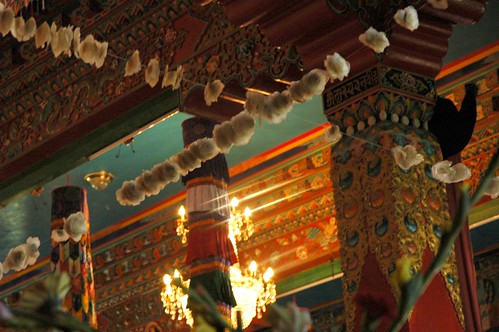 Decorations of seed pod flowers strung from the statues to the walls, Bodhisattva Vows, Therlam Monastery, Boudha, Nepal