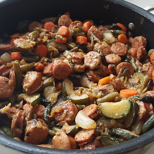 One pan meal. Chicken sausage, zucchini, carrots, onion, garlic, green beans, parmesian cheese. #dinner  #lazylowcarb #keto #yum #sausage #onion #greenbeans #yum #lchf #glutenfree #food #foodporn #instafood #diet #lowcarb #ketodinner #nomnom