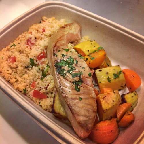 Dinner for day 1 of low carb meal plan from @noshmeals - roasted salmon with couscous #lifeisgood