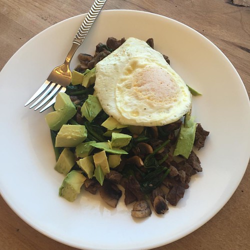 Breakfast is on point this morning! #ketolife   Carne Asada  Mushrooms  Spinach  Avocado  Egg  Loving the recipes we are sharing in my Summer Strong Keto Group. These ladies are seriously rocking their workout programs and new way of eating. I am loving t