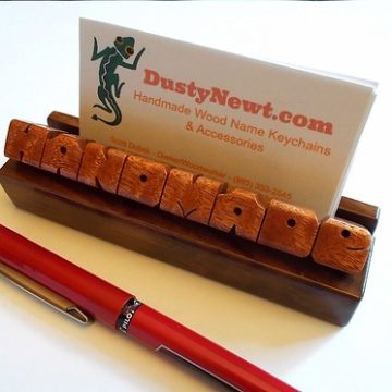 Desk Name Business Card Holder, Sapele Pommele Wood on Walnut