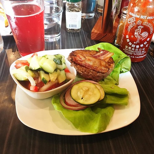 Water buffalo burger and Niman Ranch bacon with a tomato, basil, and cucumber salad to get this nutrition plan back on track. #paleo #keto #alphabetdistrict #pdx