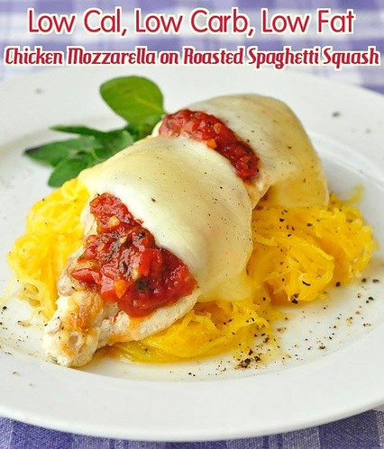 Chicken Mozzarella with Roasted Spaghetti Squash - low fat, low carb and gluten free! This healthy option at just over 300 calories deserves a permanent place in your meal rotation plan. http://buff.ly/2nY6Plx