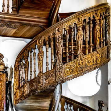 Details of the woodwork on the stairway in the Gdańsk Main Town Hall on the Royal Route, Gdańsk, Poland.   788-Edit