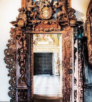 Details of doorway woodwork in the Gdańsk Main Town Hall on the Royal Route, Gdańsk, Poland.  789-Editb