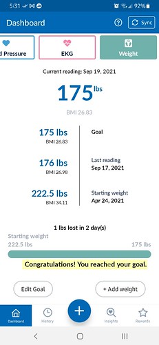 Inital weight goal reached: thanks for the half-hearted, off-center congrats line, cantankerous Omron app (par for the course with this app)!