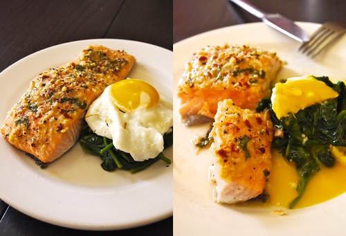 Baked Salmon, spinach and sunny side egg