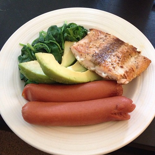 Spinach salmon avocado and hot dogs #keto #ketosis #diet #food #spinash #avocado #abs #atkins