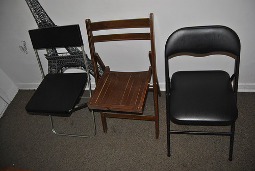 Furniture for sale. Folding chairs - 2 plastic (left), 3 wooden (middle), 2 foam (right). Asking $20 for all 7