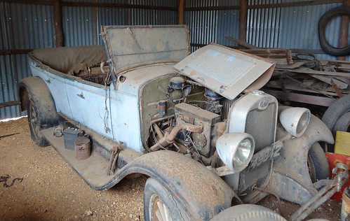 Karoonda. Pioneer Park with railway and Mallee farming structures and items. 1929 Chevrolet car.