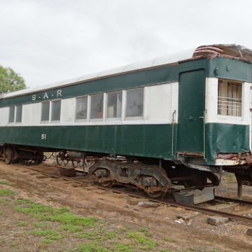 Karoonda. Pioneer Park with railway and Mallee farming structures and items. Old Brill railcar or also known as Barwell Bulls.