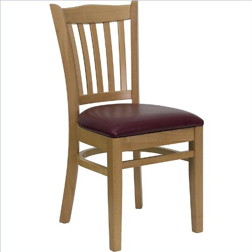 FlashFurniture XU-DGW0008VRT-NAT-BURV-GG Hercules Series Natural Wood Finished Vertical Slat Back Wooden Restaurant Chair with Burgundy Vinyl Seat