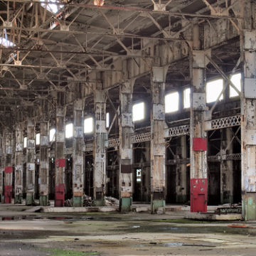 Derelict Grand Trunk Railway locomotive repair shed, 1909 - Cooper Site, Stratford, Ontario..