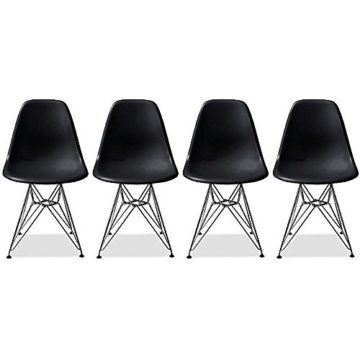 2xhome – Set of Four (4) Black – Eames Style Side Chair Chromed Wire Legs Eiffel Legs Dining Room Chair – Lounge Chair No Arm Arms Armless Less Chairs Seats Wooden Wood leg Wire leg Dowel Leg Legged Base Chrome Metal Eifel Molded Plastic