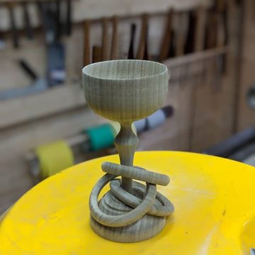 After watching a demonstration last night at lathe club: goblet with 3 captive rings! Made without needing an expensive special tool (obvs still want the expensive special tool though) #goblet #captiverings #tulipwood #woodworking #woodturning #learning #