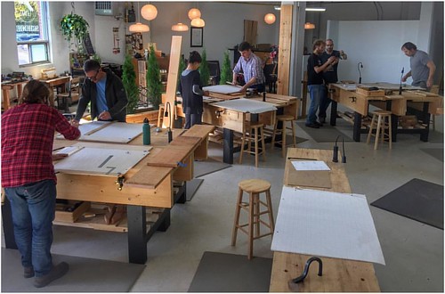 Drawing day at the Unplugged Woodshop. The students are making full scale drawings of their cabinets. Lots of great ideas-; ) #theunpluggedwoodshop #uwartisanprogram #woodworkingschool #learnwoodworking #handtoolsonly #nopowernoproblem #madebyhand #desige