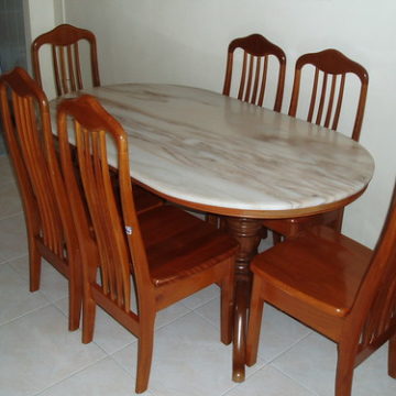 Marble top dinning table + 6 wooden chairs