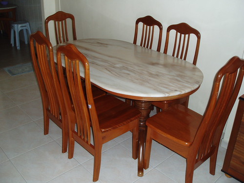 Marble top dinning table + 6 wooden chairs