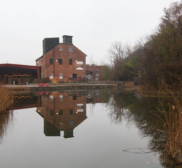 building and pond