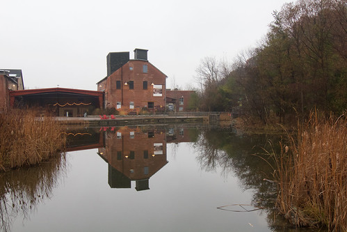 building and pond