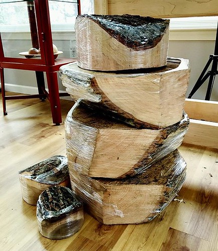 This week’s queue: three large ash with a cherry on top, garnished with a little walnut and apple. (Shrink-wrapped to prevent cracking until I get to them...) #handmade #bowl #woodturning #woodcraft #maker #artisan #woodworking #lathe #craftsman #makersmo