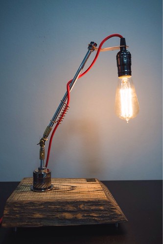 Hand made table lamp designed out of wood, metal and auto parts with Edison bulb! https://www.etsy.com/shop/PrideAndJoyWorkshop