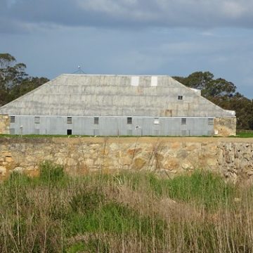 Hynam near Naracoorte. The Smith shearing shed or wool shed. Built around 1860. Taken from their family walled cemetery. 1875.