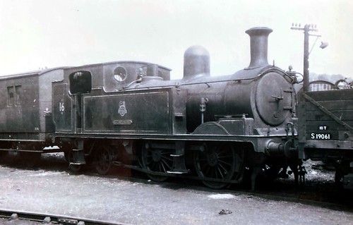 British Railways (SR) – ‘O2 Class’ 0-4-4T ‘W16 Ventnor’ resting in yard 71F Ryde St John’s Road shed c1950