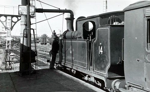 British Railways (SR) – ‘O2 Class’ 0-4-4T’ W14 Fishbourne’ with Cowes bound service taking water at Newport Station – 09/09/1961