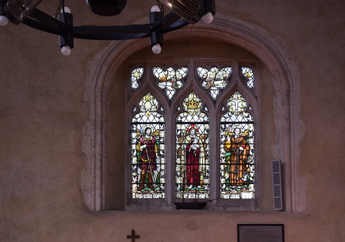 Christ the Good Shepherd flanked by St Hubert and St Francis  (Powell & Sons, 1920s)