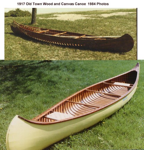 1917 Wood and Canvas  Old Town Canoe  - as purchased in 1984 -  Restored 1984.