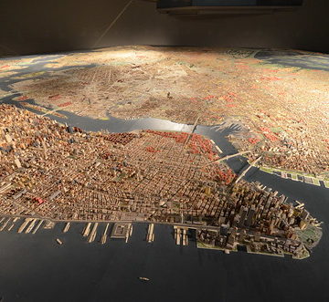 Queens Museum of Art | The Panorama of the City of New York | overview from west of lower Manhattan, including the twin towers of the World Trade Center, the Empire State Building, the Brooklyn & Manhattan Bridges, Governors Island, Statue of Liberty, etc