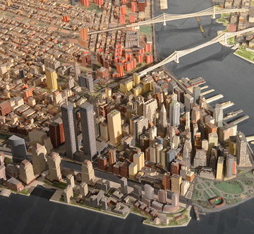 Queens Museum of Art | The Panorama of the City of New York | tight overview from west of lower Manhattan, including the twin towers of the World Trade Center, the Brooklyn & Manhattan Bridges, etc