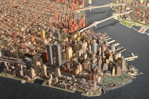 Queens Museum of Art | The Panorama of the City of New York | tight overview from west of lower Manhattan, including the twin towers of the World Trade Center, the Brooklyn & Manhattan Bridges, etc