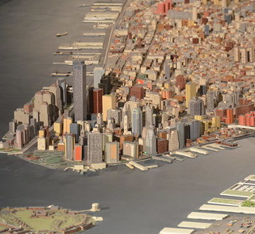 Queens Museum of Art | The Panorama of the City of New York | lower Manhattan, including the twin towers of the World Trade Center, part of the Brooklyn Bridge & Brooklyn, and Governors Island