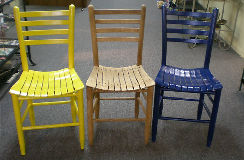 Chairs before and after for Gallery 35 display.  I will paint the middle one a combination of yellow and blue.