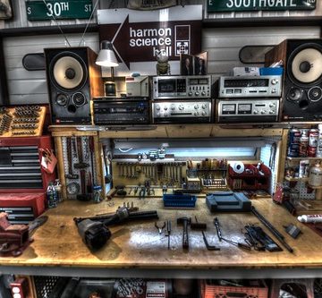 Automotive work area with my 1977 stereo (Accuphase)