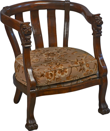 1343 Carved Wooden Lion Arm Chair w/ Velvet Flower Cushion, Lion heads on armrests, Claw feet - 26