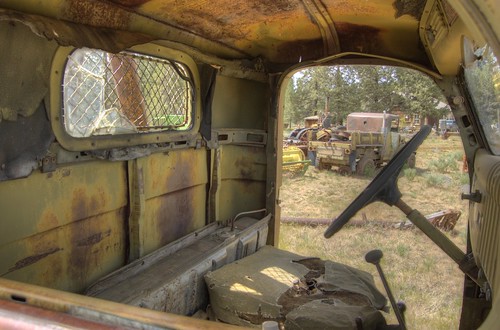 Inside the cab of an old truck HDR