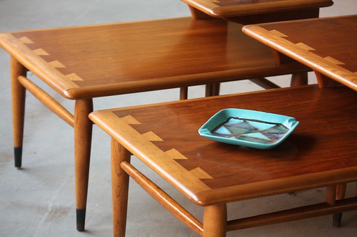 Two to Tango!  Pair of Midcentury Modern Lane Acclaim Step End Walnut and Oak Step End Side Tables (U.S.A., 1960s)