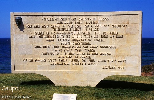 1995.32-33b Gallipoli 1995. Turkish Monolith at Ari Burnu with the 1934 address of Mustafa Kemal Atatürk