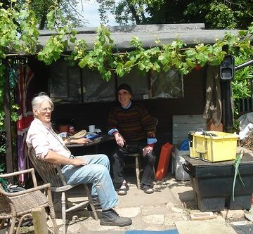 Sitting with Ron by the shed