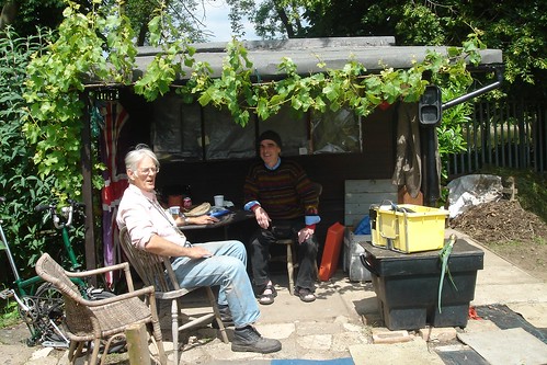 Sitting with Ron by the shed