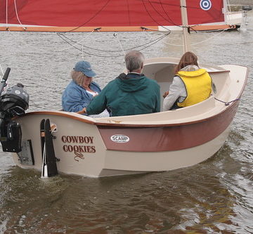 IMG_1289 - Nordland WA - Mystery Bay State Park - 2015 Red Lantern Rally - SCAMP-400 SV COWBOY COOKIES - John Welsford at helm, Helen Leenhouts (R), owner Jackie Monies