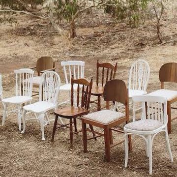 Our Miss- match chairs set up for a wedding ceremony at Myponga #myponga #white #wooden #chairs #ceremony #wedding #weddinginspo #realwedding #vintagechair #vintagedecor #vintageinspiration #vintagescenehire #vintagestyle