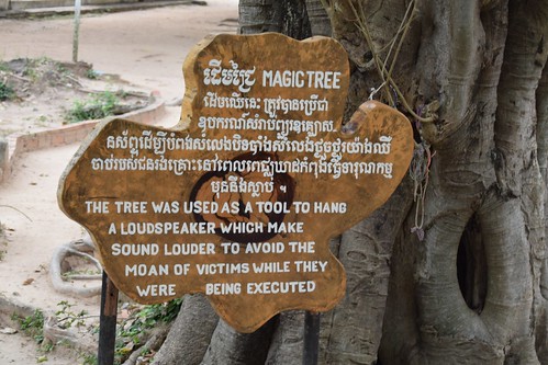 Cambodia.  Phnom Penh. Choeung Ek Genocidal Centre. The Magic tree.  A speaker was hung here to drown the noise of victims.