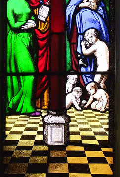 Jane Trimmer Gaye window: symbols of birth (by George Hedgeland for Frank Howard, 1852)